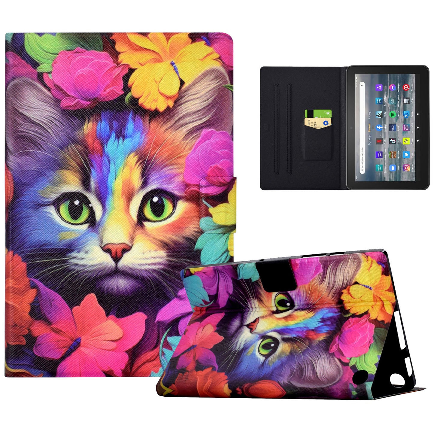 For Amazon Fire 7 (2022) PU Leather E-Reader Case Pattern Printing Stand Cover - Rose Cat