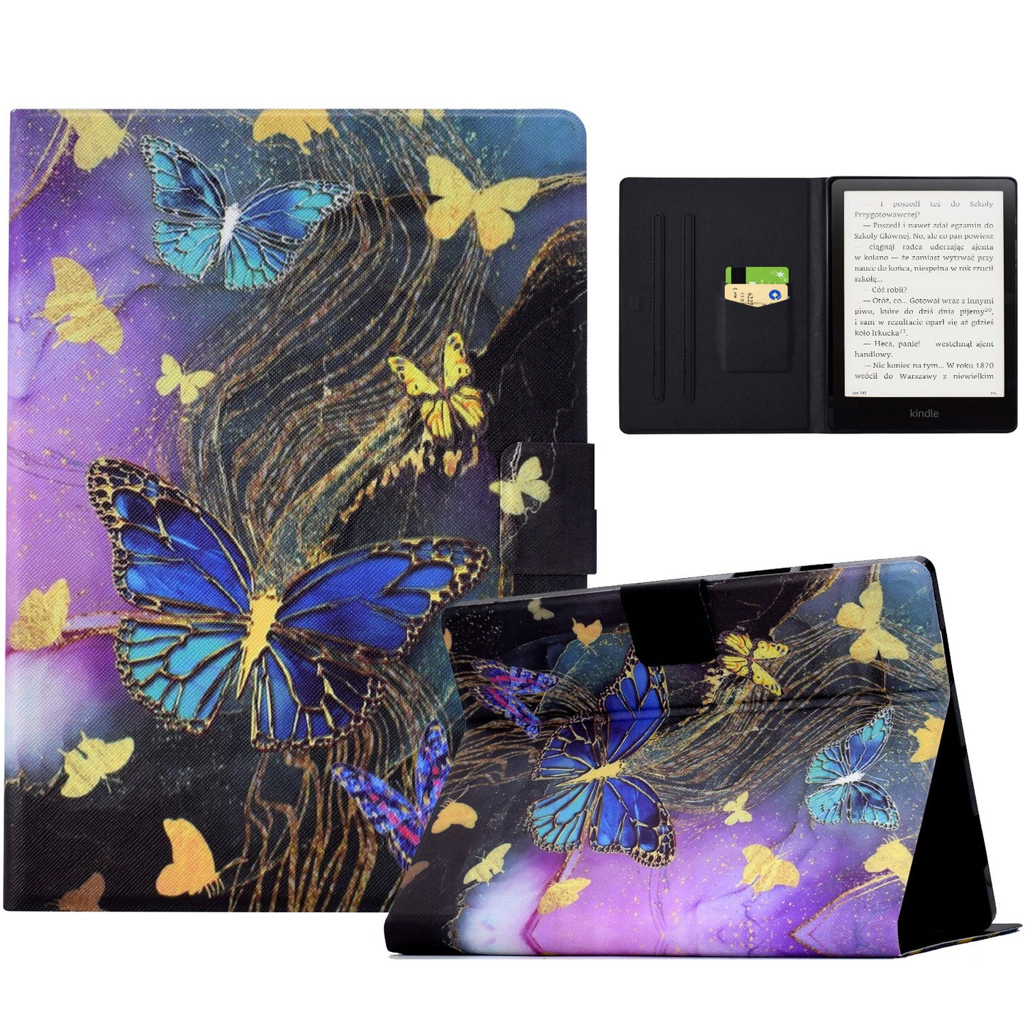 For Amazon Kindle Paperwhite (2021) Case Card Slot Pattern Printing Leather E-Reader Cover - Golden Butterflies