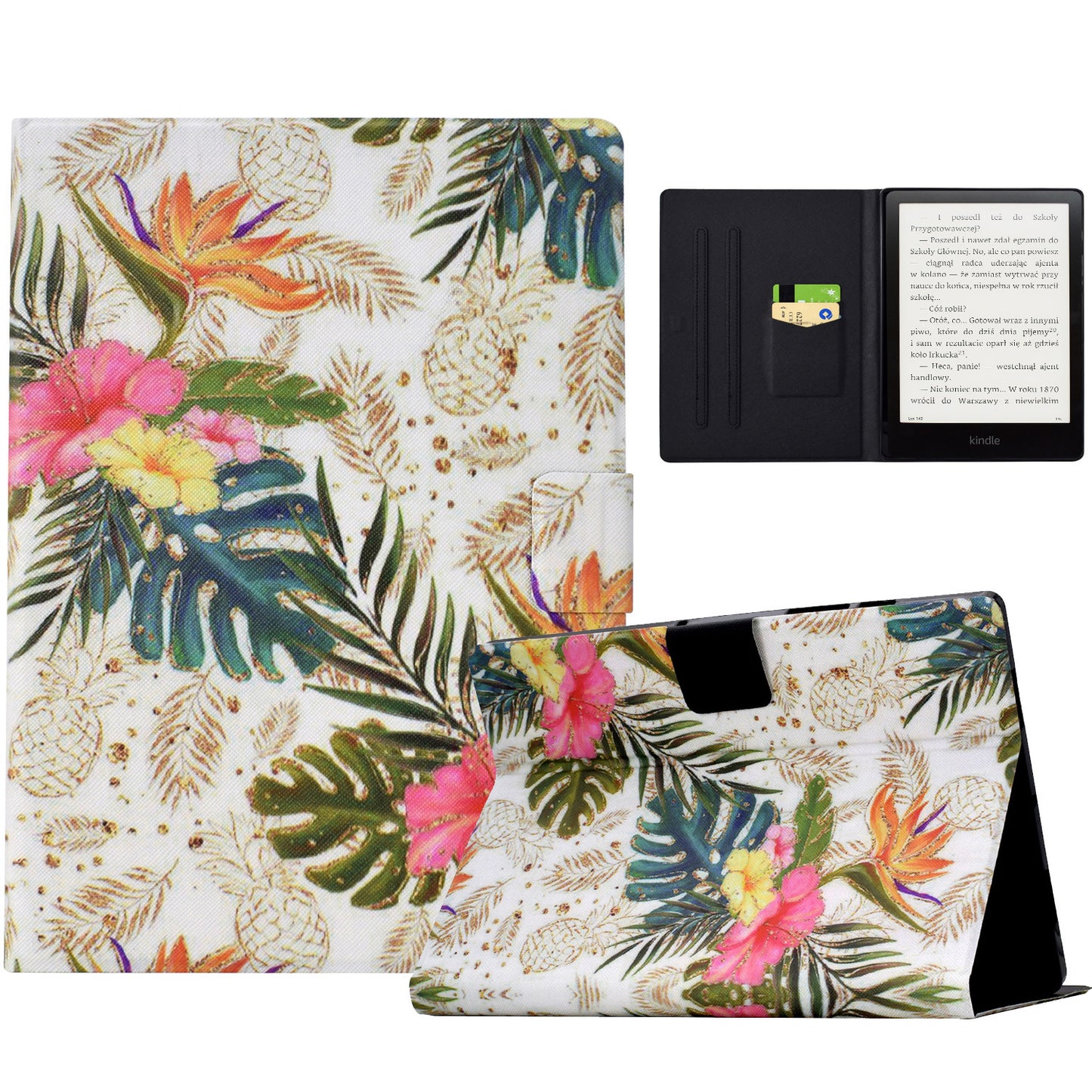 For Amazon Kindle Paperwhite (2021) Case Card Slot Pattern Printing Leather E-Reader Cover - Golden Pineapple