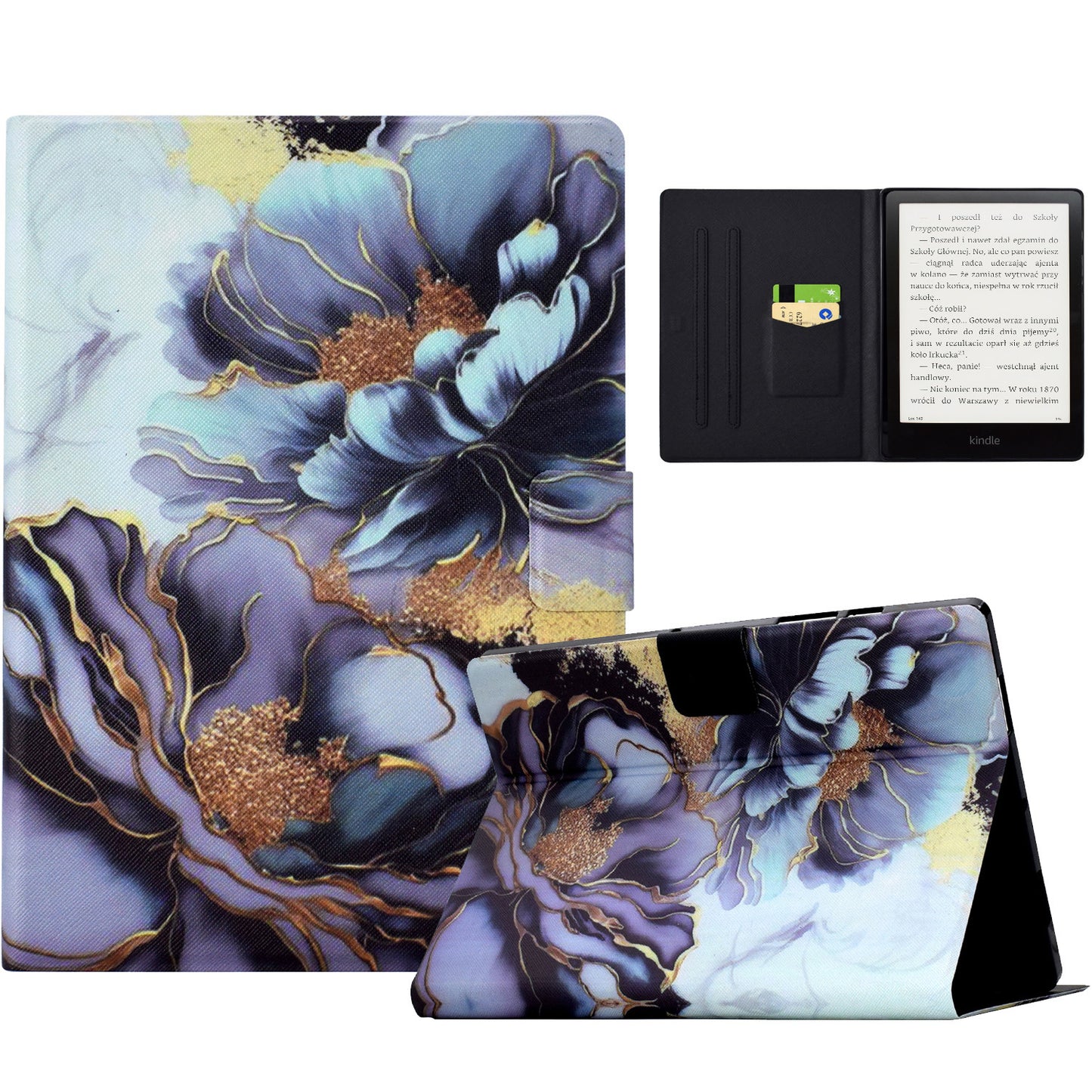 For Amazon Kindle Paperwhite (2021) Case Card Slot Pattern Printing Leather E-Reader Cover - Peony Flower