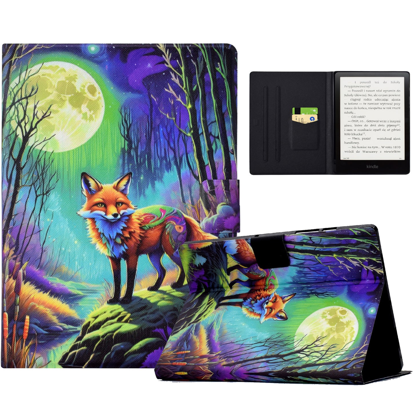 For Amazon Kindle Paperwhite (2021) Case Card Slot Pattern Printing Leather E-Reader Cover - Moonlight Fox