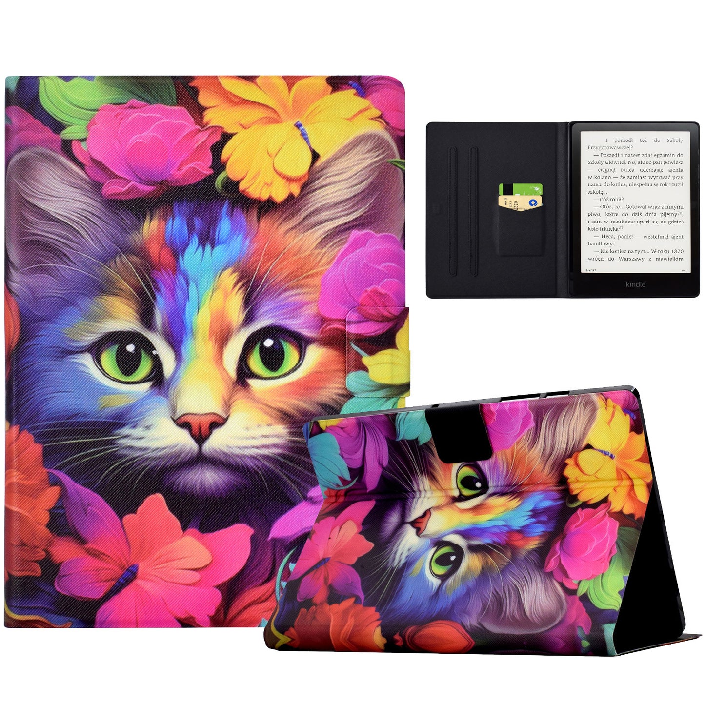 For Amazon Kindle Paperwhite (2021) Case Card Slot Pattern Printing Leather E-Reader Cover - Rose Cat