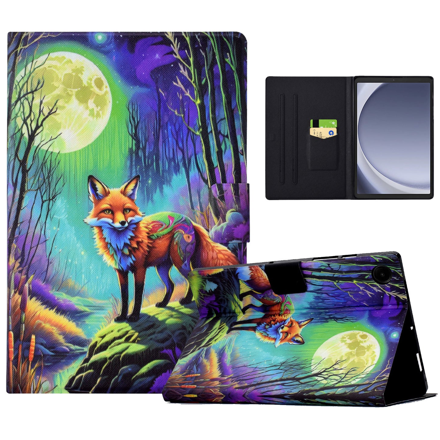 For Samsung Galaxy Tab A9 Case PU Leather Pattern Folding Stand Protective Tablet Cover - Moonlight Fox