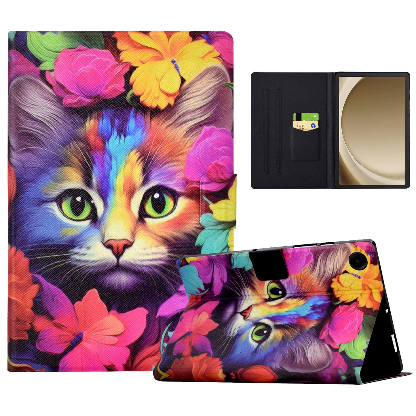 For Samsung Galaxy Tab A9+ Case PU Leather Pattern Tablet Cover with Auto Wake / Sleep - Rose Cat