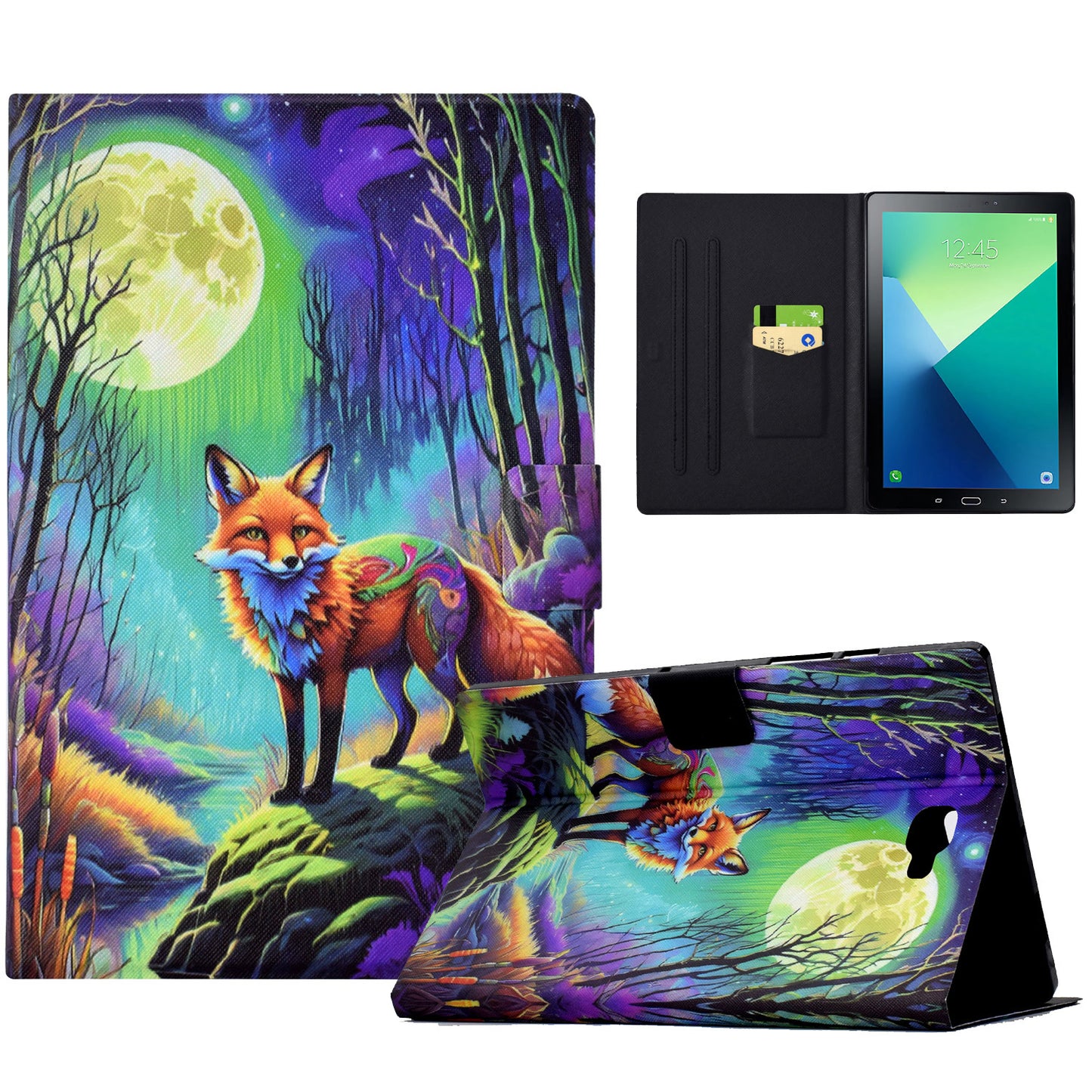 For Samsung Galaxy Tab A 10.1 (2016) T580 T585 Leather Case Card Holder Pattern Tablet Cover - Moonlight Fox