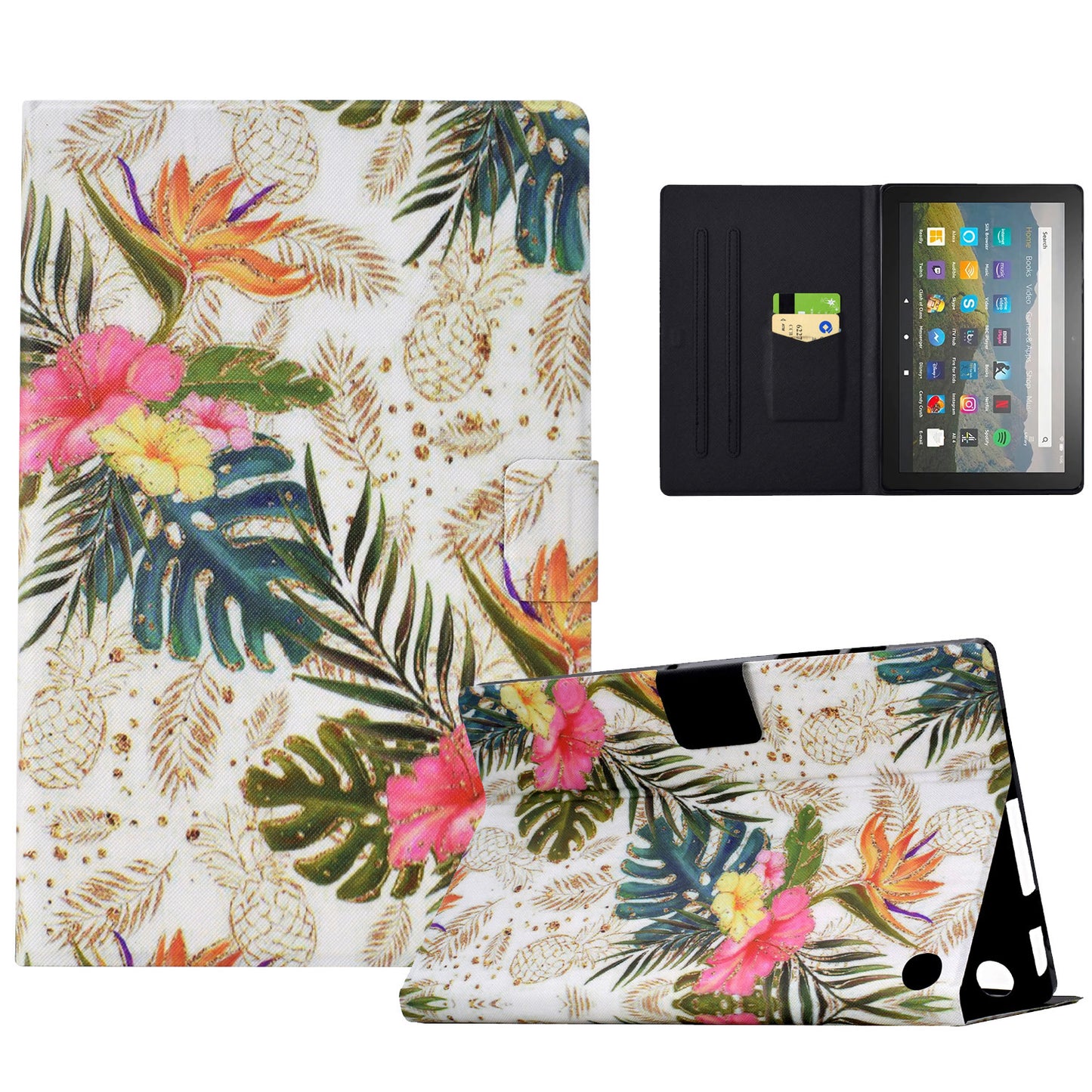 For Amazon Fire HD 8 (2020) / (2022) Case Pattern Printing Card Slots Leather E-Reader Cover - Golden Pineapple