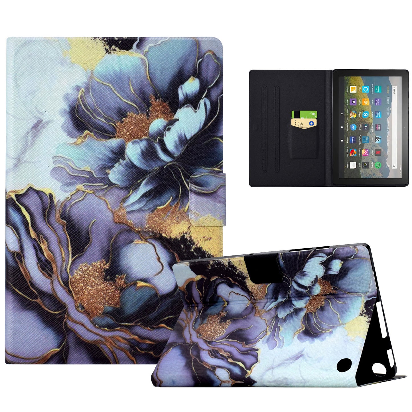 For Amazon Fire HD 8 (2020) / (2022) Case Pattern Printing Card Slots Leather E-Reader Cover - Peony Flower