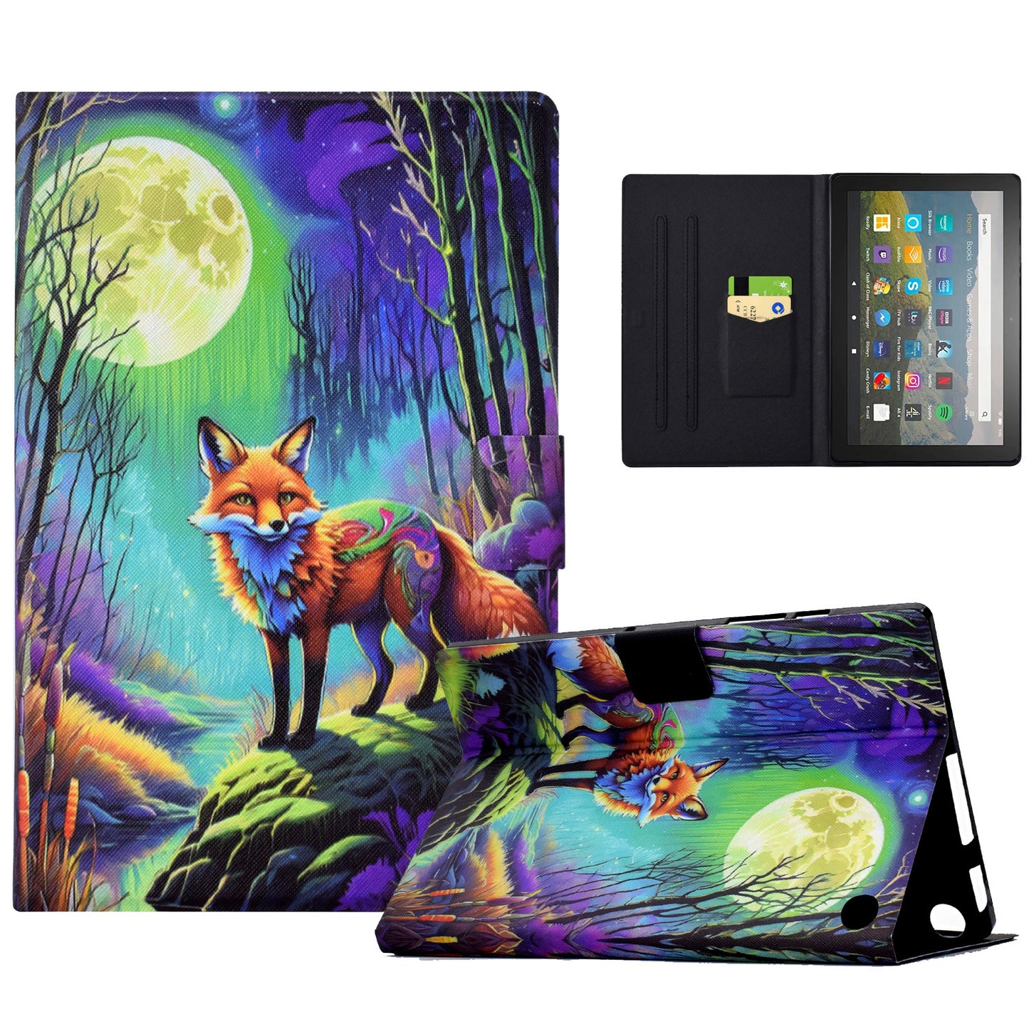 For Amazon Fire HD 8 (2020) / (2022) Case Pattern Printing Card Slots Leather E-Reader Cover - Moonlight Fox