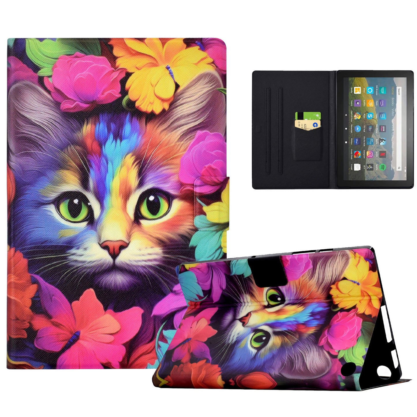 For Amazon Fire HD 8 (2020) / (2022) Case Pattern Printing Card Slots Leather E-Reader Cover - Rose Cat