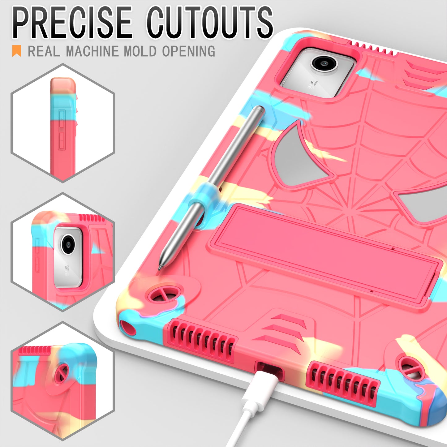 For Lenovo Tab M11 / Xiaoxin Pad 11 2024 Tablet Case Spider Design PC+Silicone Cover with Kickstand and Shoulder Strap - Camouflage+Rose Red