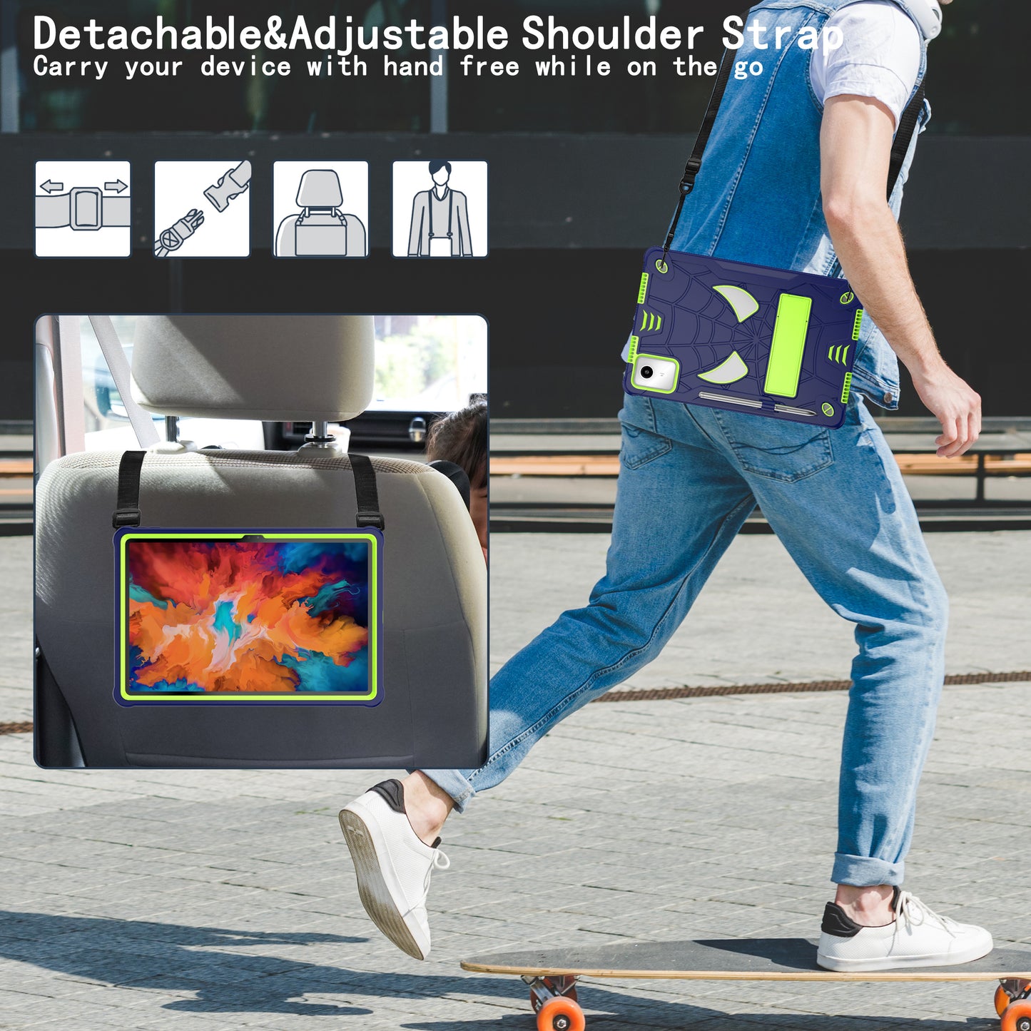 For Lenovo Tab M11 / Xiaoxin Pad 11 2024 Tablet Case Spider Design PC+Silicone Cover with Kickstand and Shoulder Strap - Navy Blue+Yellow Green