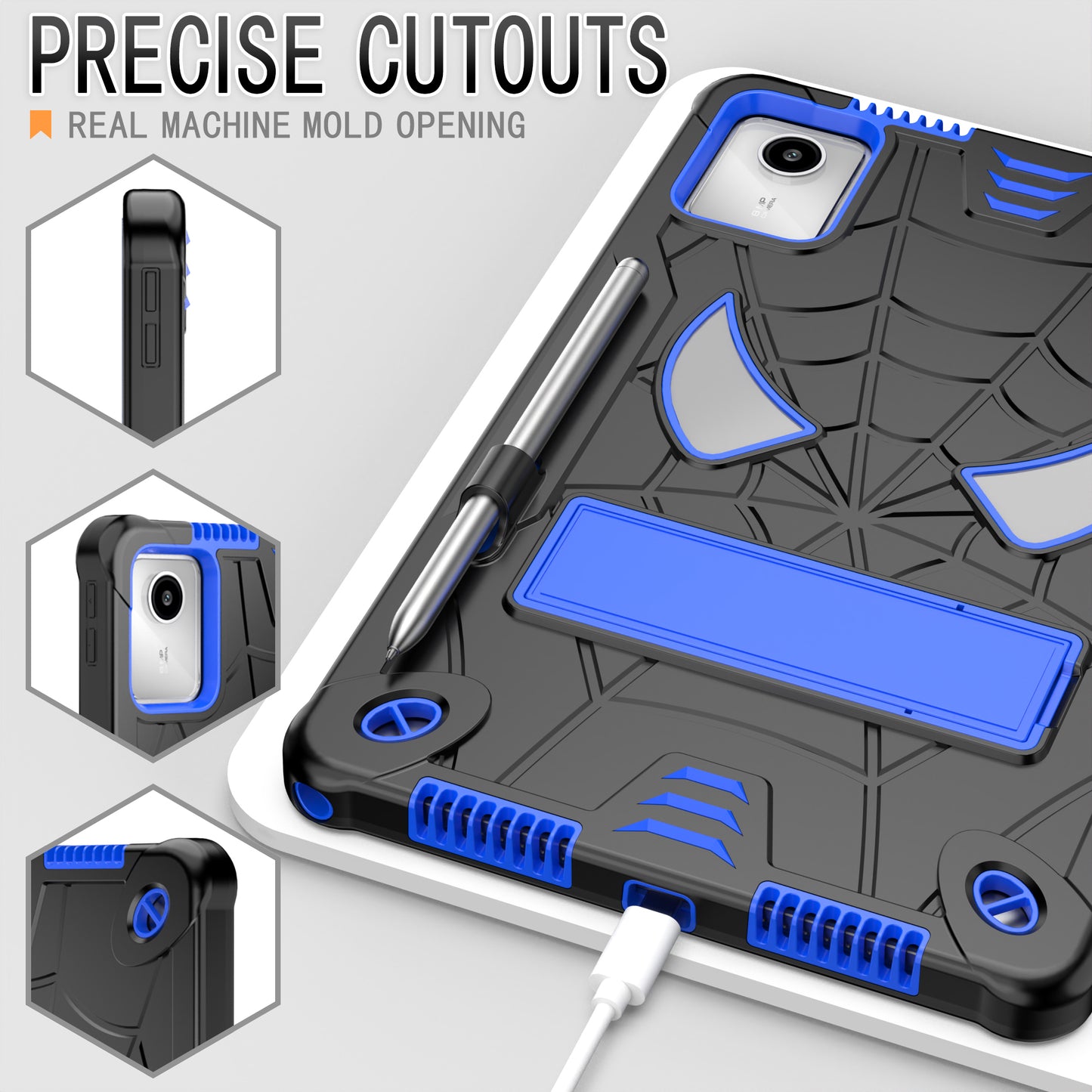 For Lenovo Tab M11 / Xiaoxin Pad 11 2024 Tablet Case Spider Design PC+Silicone Cover with Kickstand and Shoulder Strap - Black+Blue