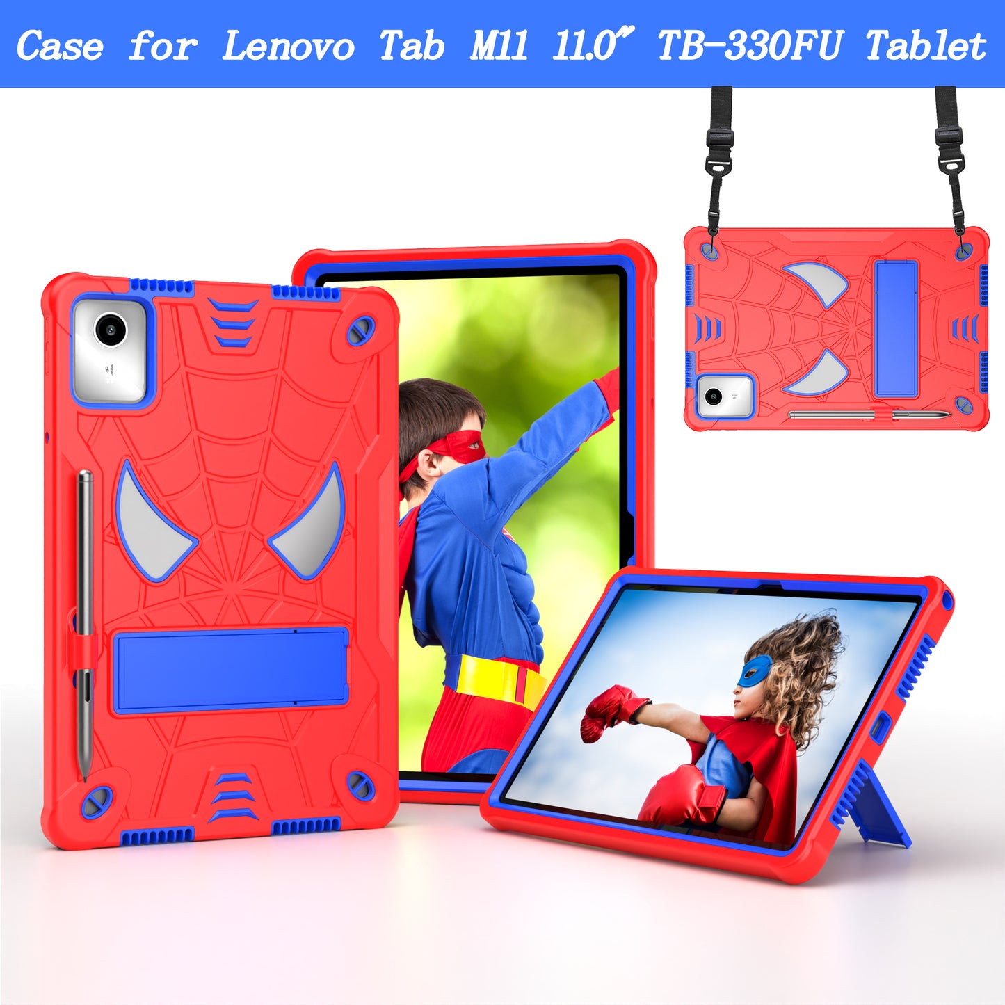 For Lenovo Tab M11 / Xiaoxin Pad 11 2024 Tablet Case Spider Design PC+Silicone Cover with Kickstand and Shoulder Strap - Red+Blue
