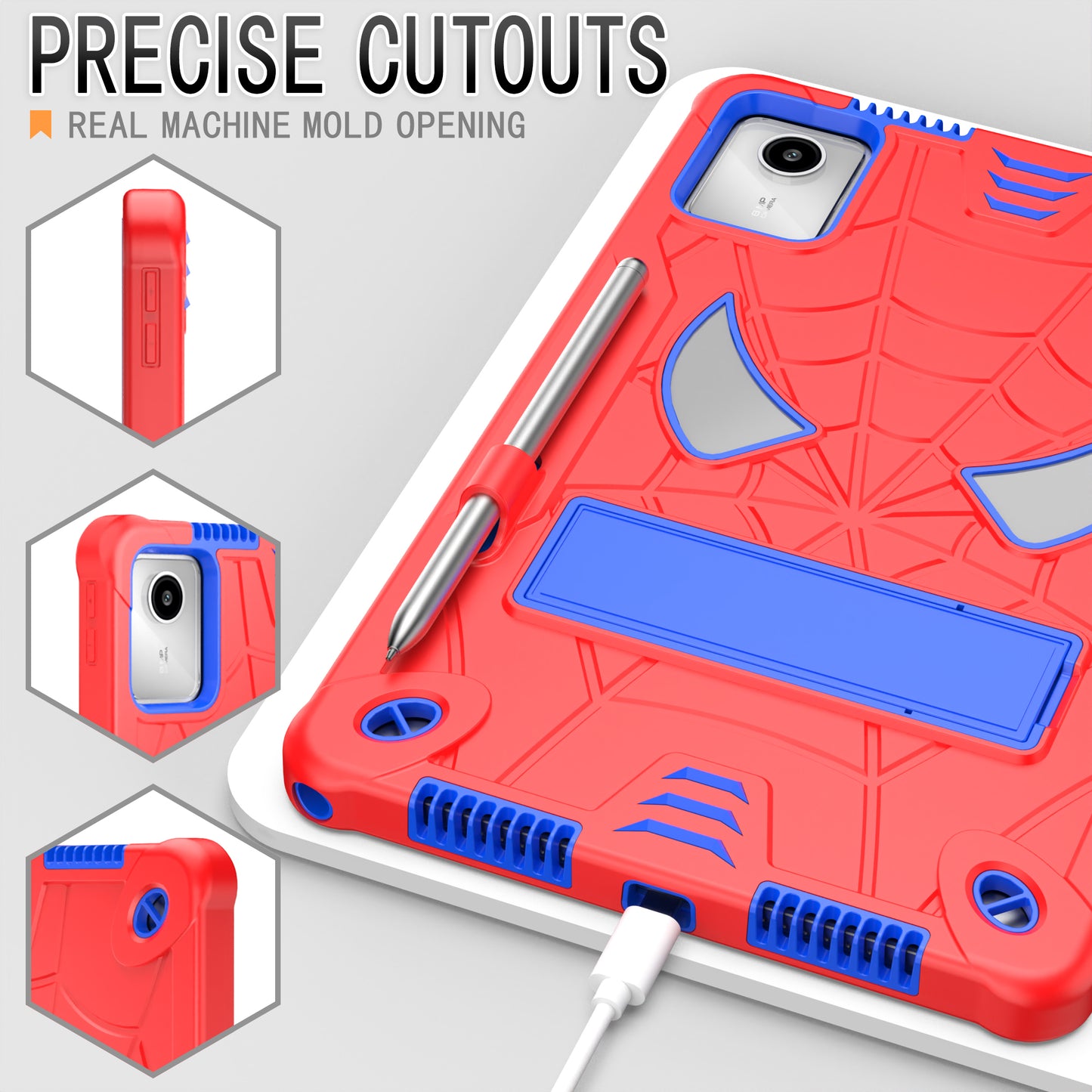 For Lenovo Tab M11 / Xiaoxin Pad 11 2024 Tablet Case Spider Design PC+Silicone Cover with Kickstand and Shoulder Strap - Red+Blue