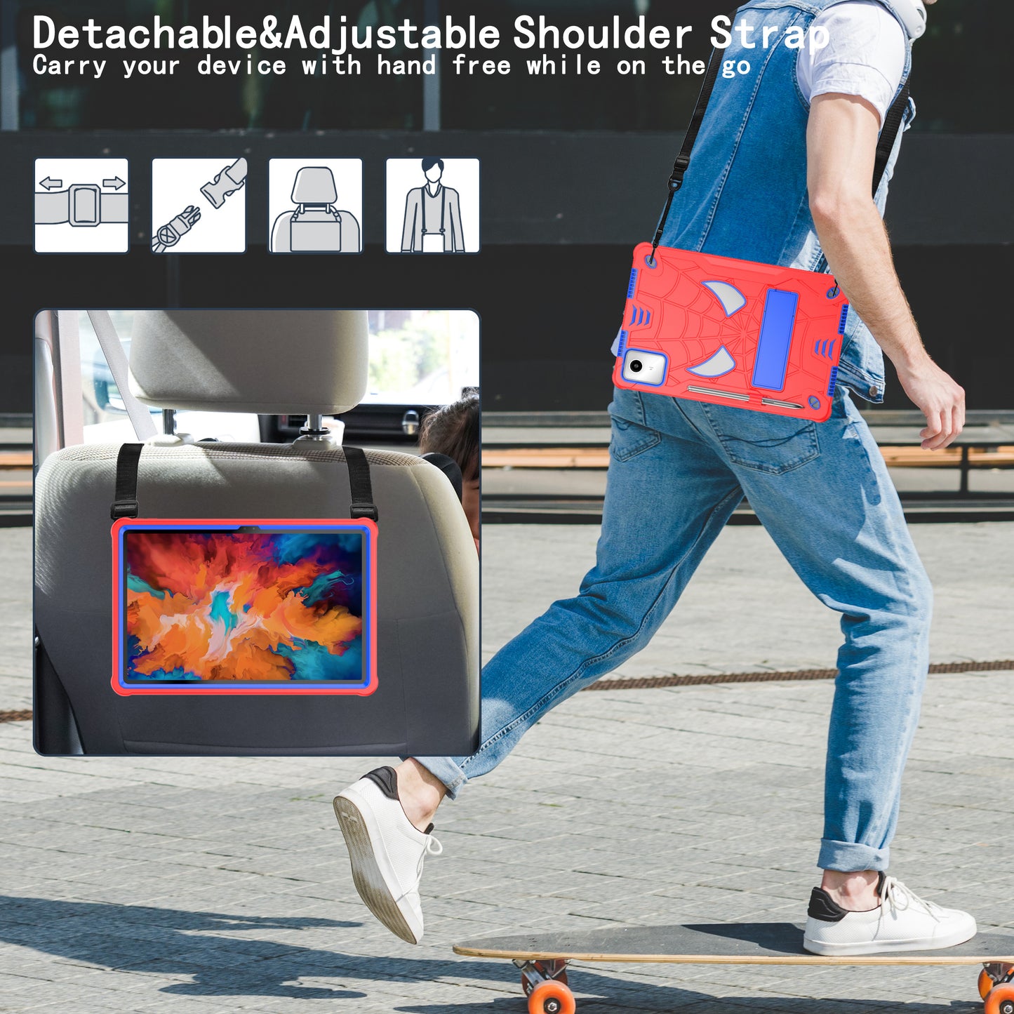 For Lenovo Tab M11 / Xiaoxin Pad 11 2024 Tablet Case Spider Design PC+Silicone Cover with Kickstand and Shoulder Strap - Red+Blue