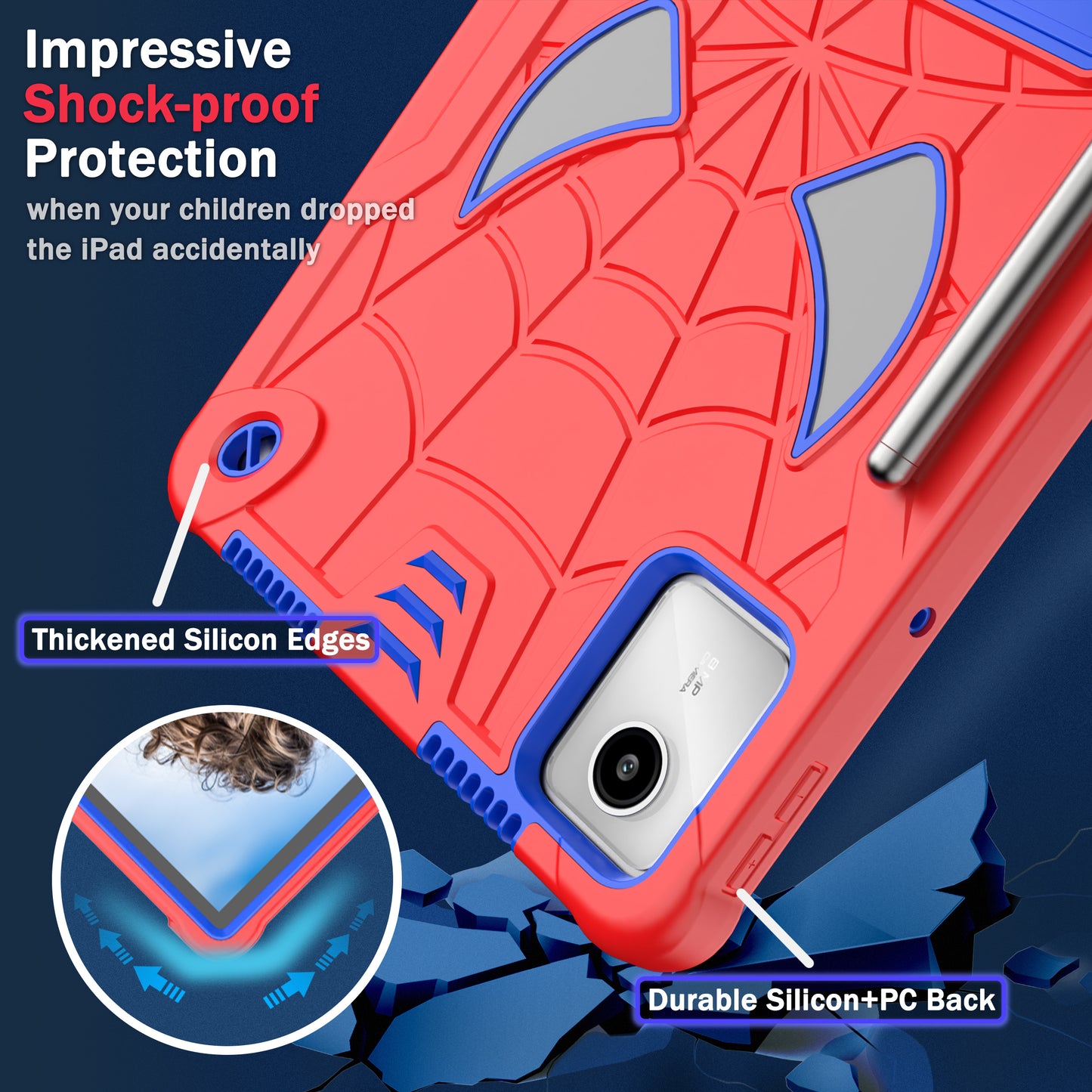 For Lenovo Tab M11 / Xiaoxin Pad 11 2024 Tablet Case Spider Design PC+Silicone Cover with Kickstand and Shoulder Strap - Red+Blue
