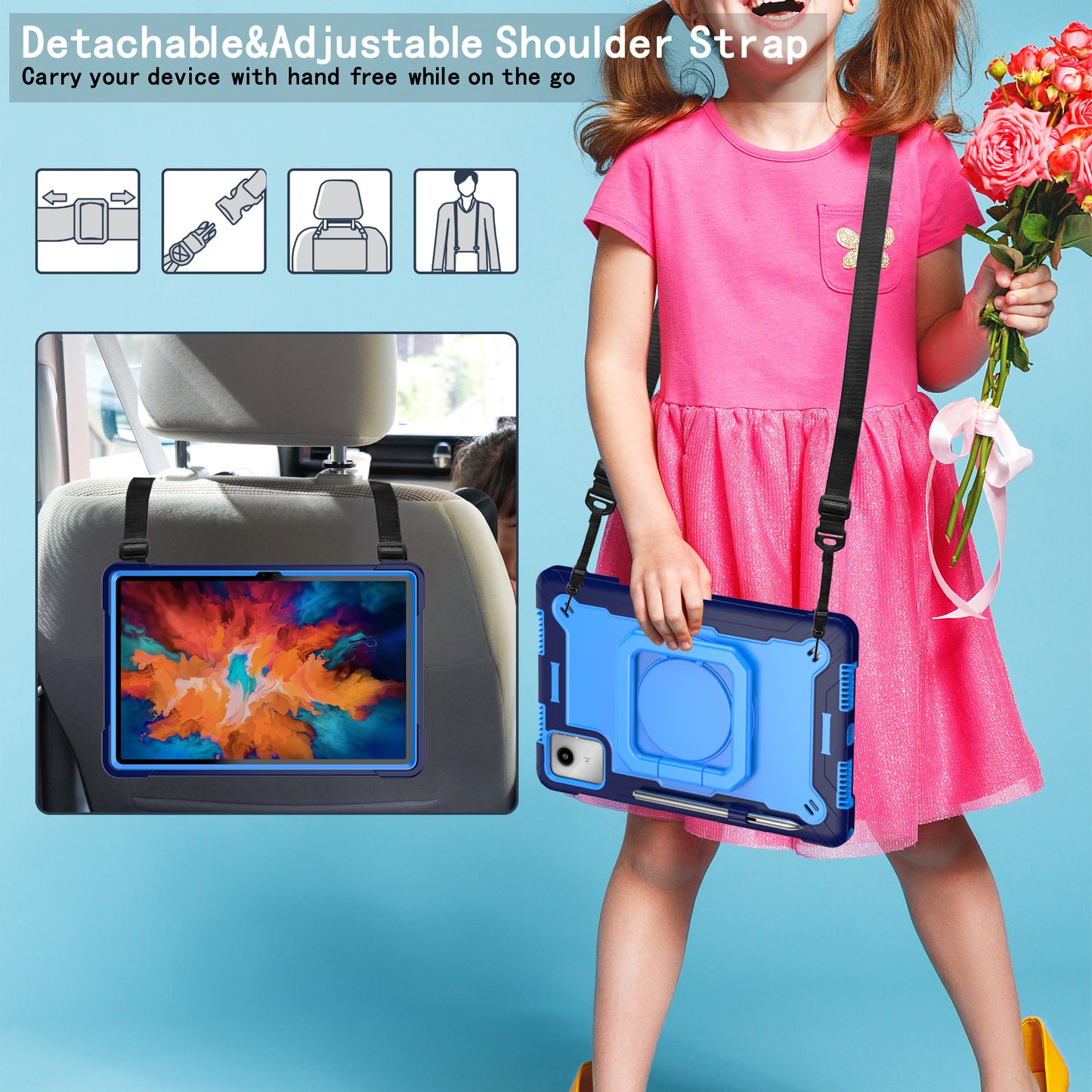 For Lenovo Tab M11 / Xiaoxin Pad 11 2024 Case Protective Kickstand Tablet Cover with Shoulder Strap - Navy Blue / Blue