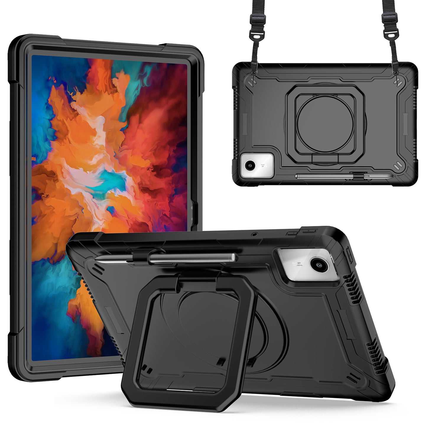 For Lenovo Tab M11 / Xiaoxin Pad 11 2024 Case Protective Kickstand Tablet Cover with Shoulder Strap - Black