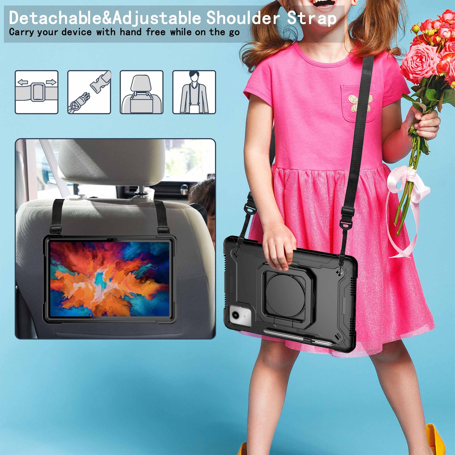 For Lenovo Tab M11 / Xiaoxin Pad 11 2024 Case Protective Kickstand Tablet Cover with Shoulder Strap - Black