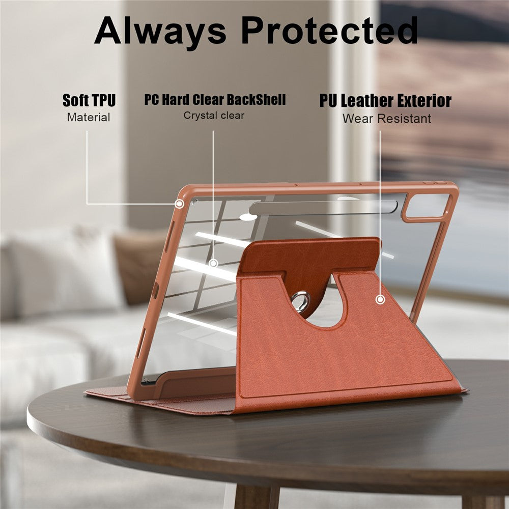 For Lenovo Tab P12 TB371FC Case Leather+Acrylic+TPU Stand Tablet Cover with Auto Wake / Sleep - Brown