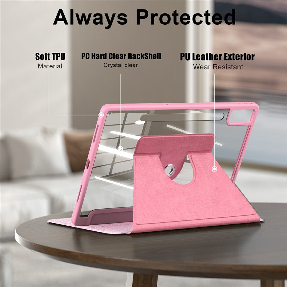 For Lenovo Tab P12 TB371FC Case Leather+Acrylic+TPU Stand Tablet Cover with Auto Wake / Sleep - Pink