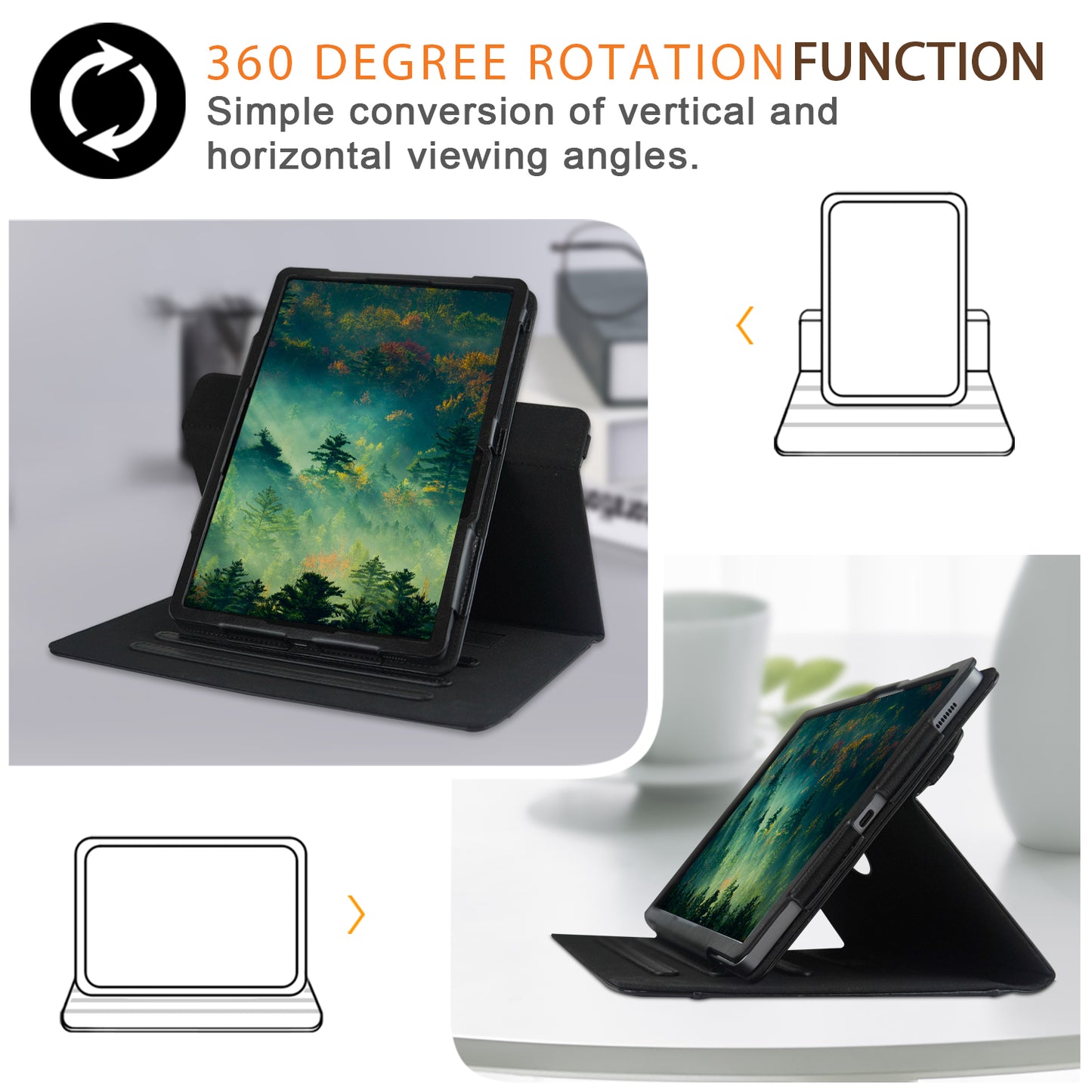 For Samsung Galaxy Tab S7 T870 T875 / Tab S8 / Tab S9 X710 / Tab S9 FE X510 Case Rotate Stand Leather Tablet Cover - Black