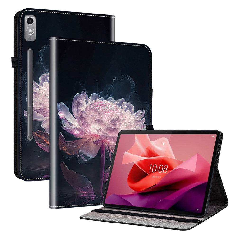 For Lenovo Tab P12 Case Pattern Printing Card Slots Tablet Shell with Foldable Stand - Purple Peony