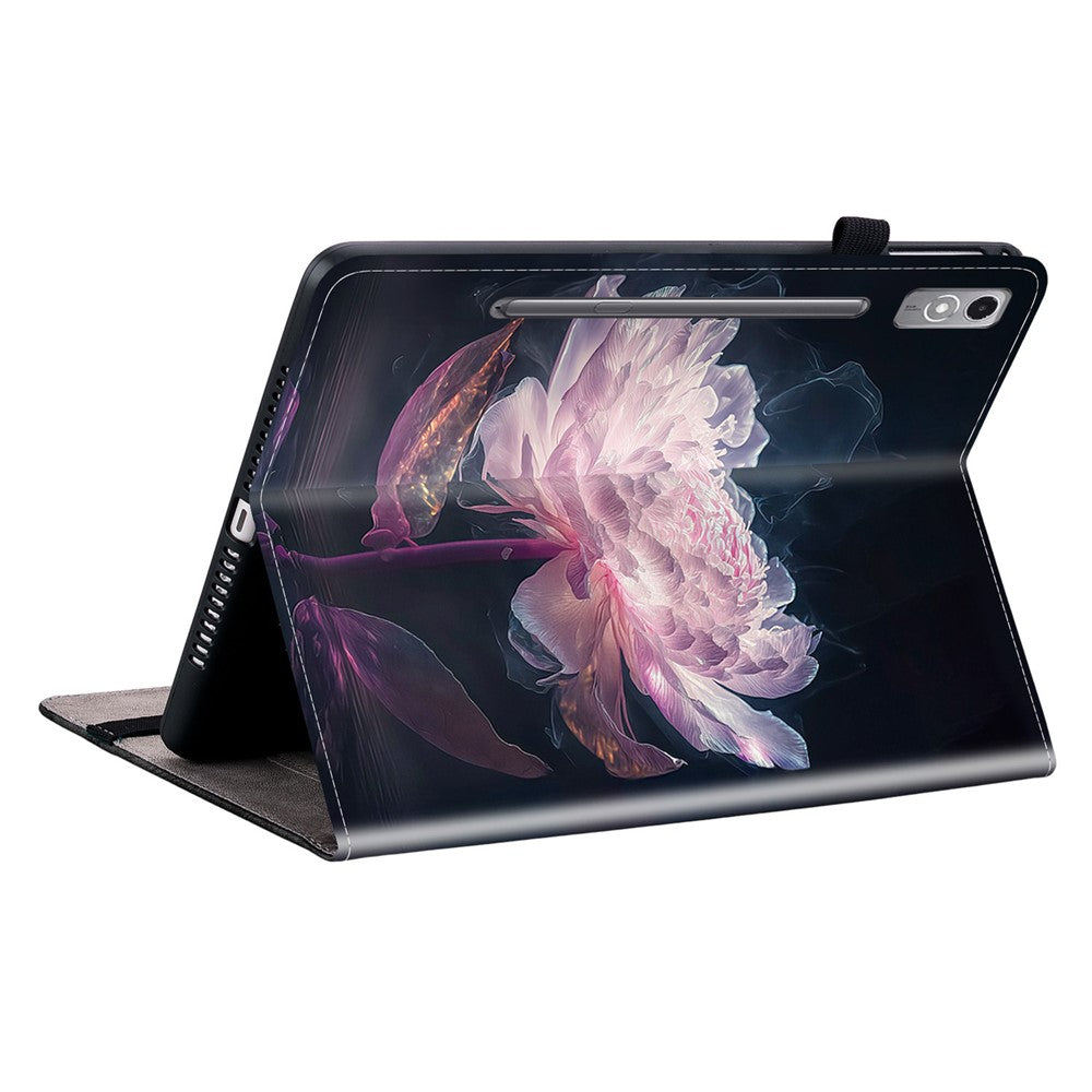 For Lenovo Tab P12 Case Pattern Printing Card Slots Tablet Shell with Foldable Stand - Purple Peony