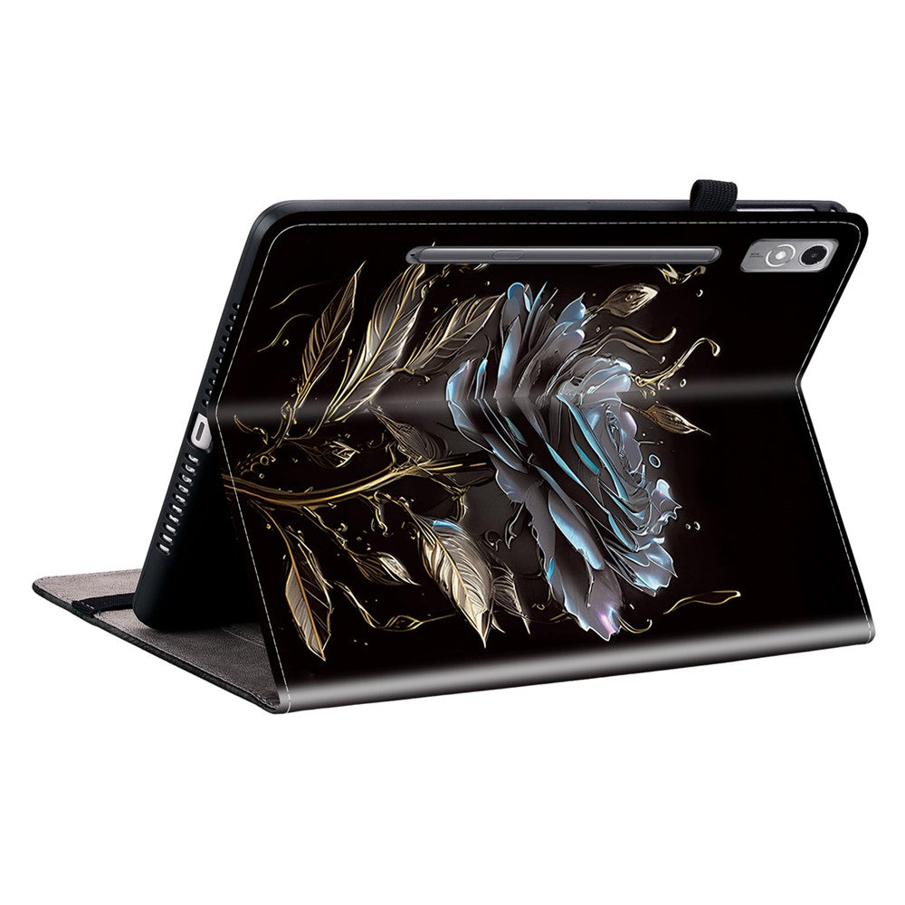 For Lenovo Tab P12 Case Pattern Printing Card Slots Tablet Shell with Foldable Stand - Black Rose