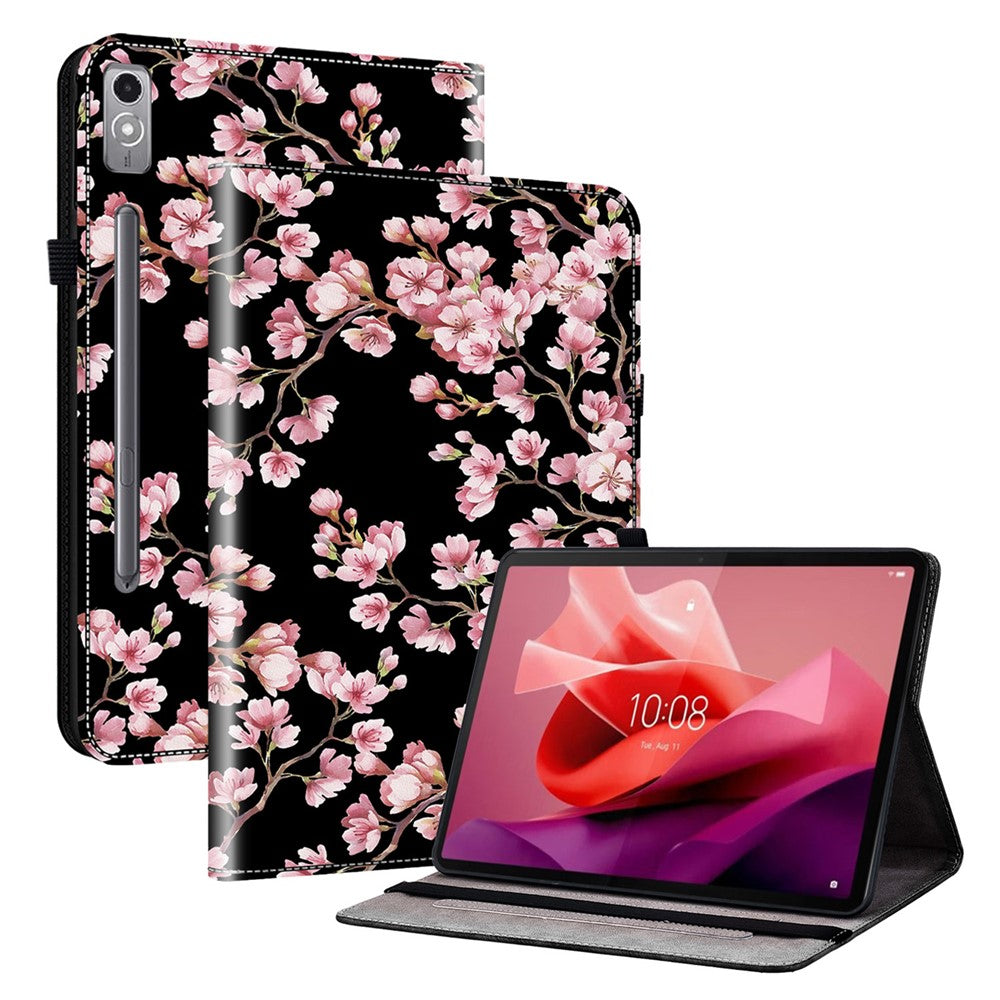 For Lenovo Tab P12 Case Pattern Printing Card Slots Tablet Shell with Foldable Stand - Plum Blossom