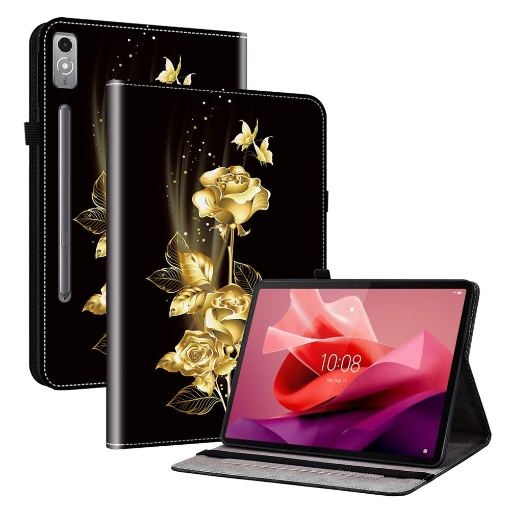 For Lenovo Tab P12 Case Pattern Printing Card Slots Tablet Shell with Foldable Stand - Gold Butterfly Rose