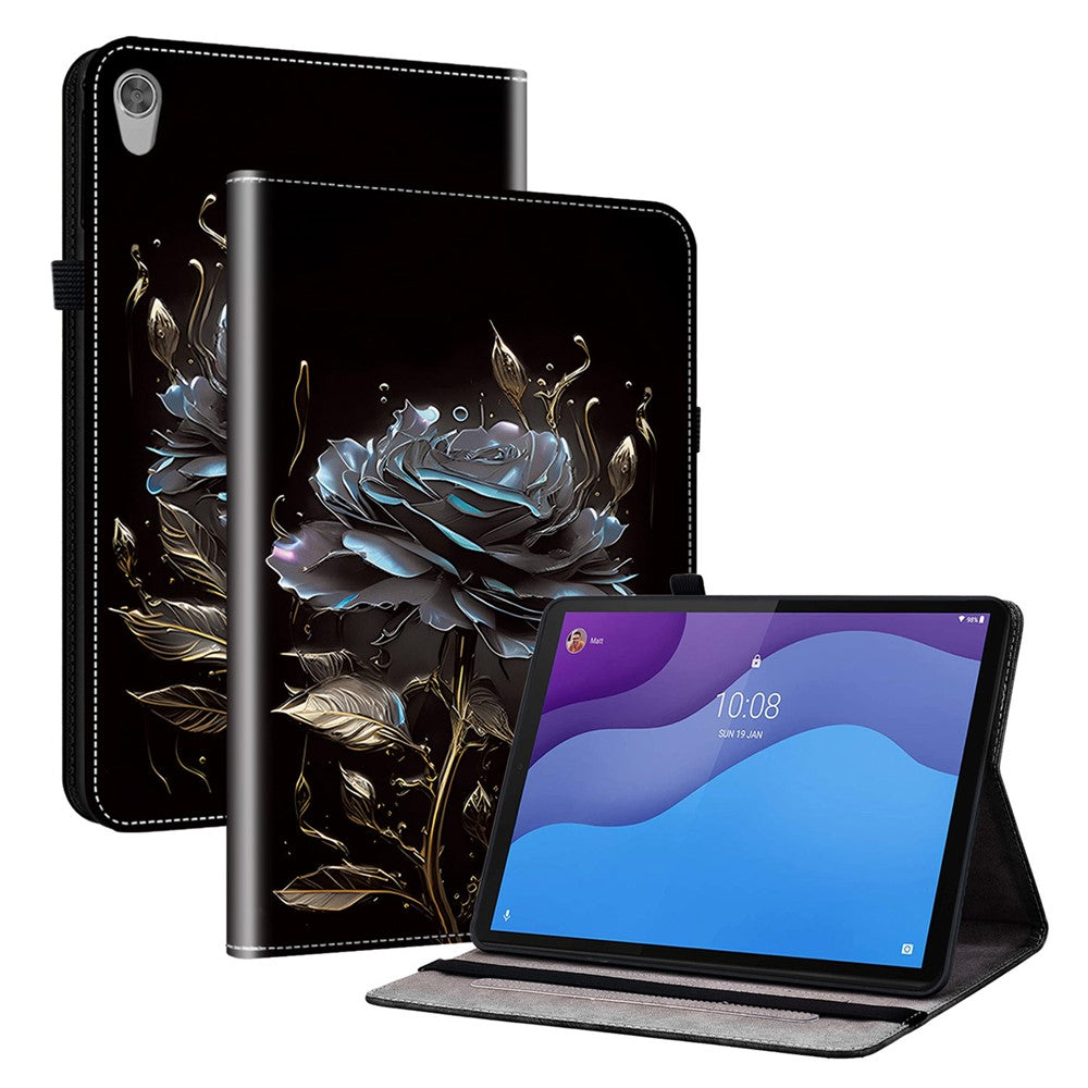 For Lenovo Tab M10 HD Gen 2 Case Pattern PU Leather Folding Folio Stand Tablet Cover - Black Rose