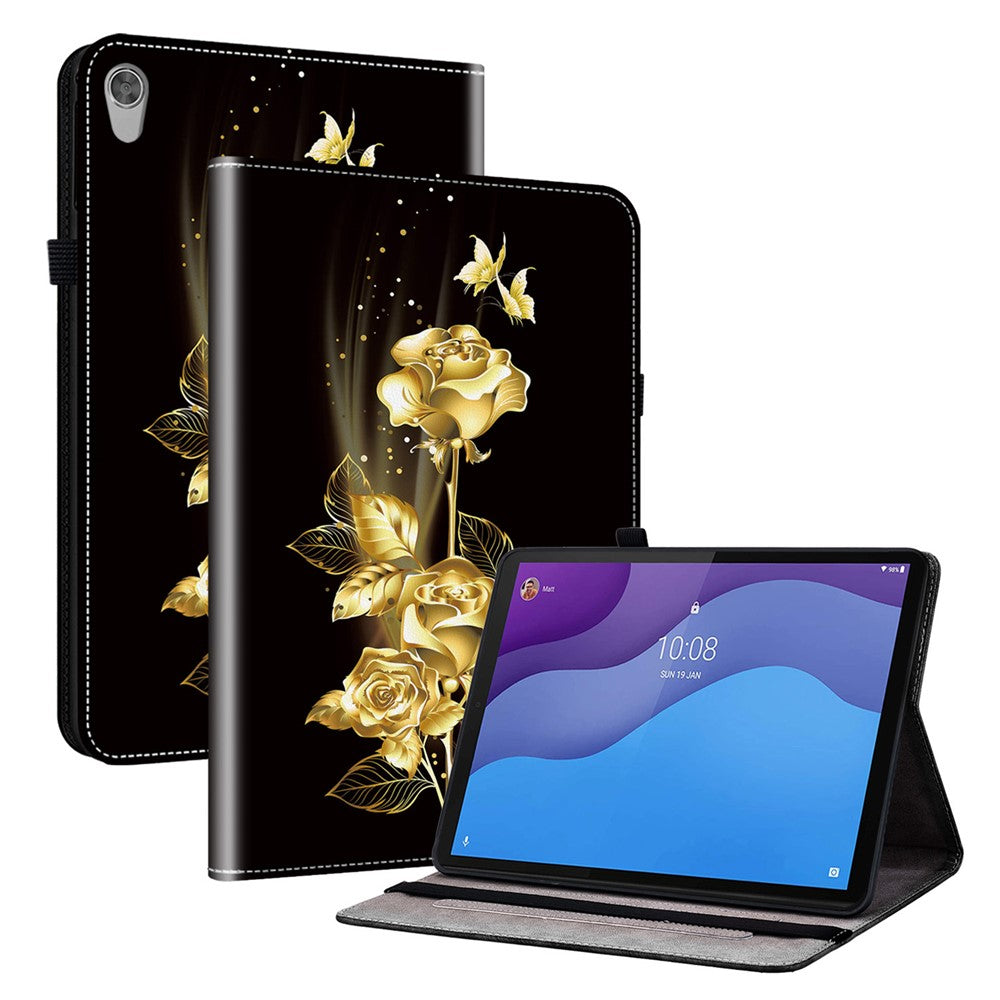 For Lenovo Tab M10 HD Gen 2 Case Pattern PU Leather Folding Folio Stand Tablet Cover - Gold Butterfly Rose