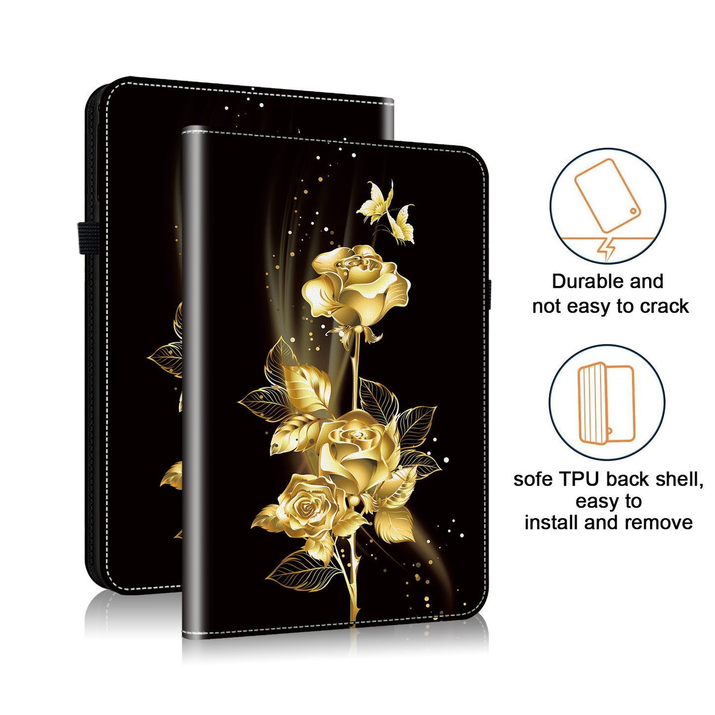 For Samsung Galaxy Tab S9 FE Cover Flip Card Holder Tablet Protective Case Pattern Printing Design - Gold Butterfly Rose