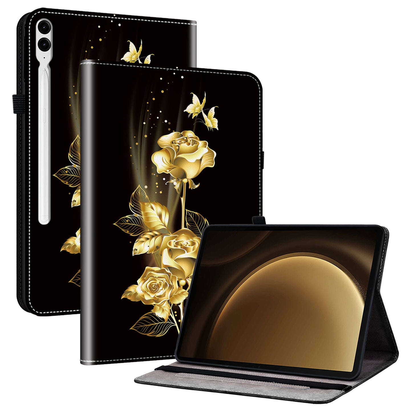 For Samsung Galaxy Tab S10+ / S9+ / Tab S9 FE+ Case Flip Pattern Printing Card Holder Tablet Shell - Gold Butterfly Rose