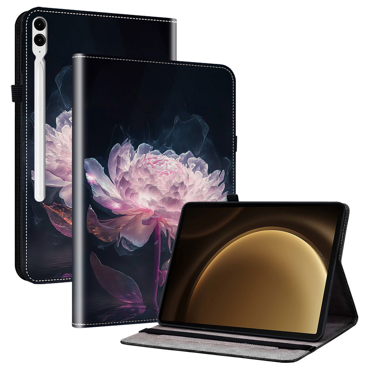 For Samsung Galaxy Tab S10+ / S9+ / Tab S9 FE+ Case Flip Pattern Printing Card Holder Tablet Shell - Purple Peony