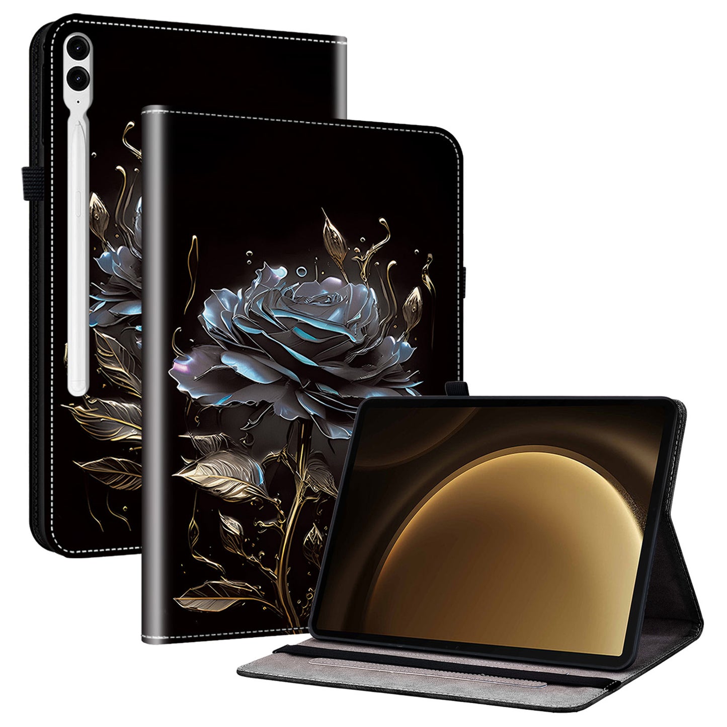 For Samsung Galaxy Tab S10+ / S9+ / Tab S9 FE+ Case Flip Pattern Printing Card Holder Tablet Shell - Black Rose