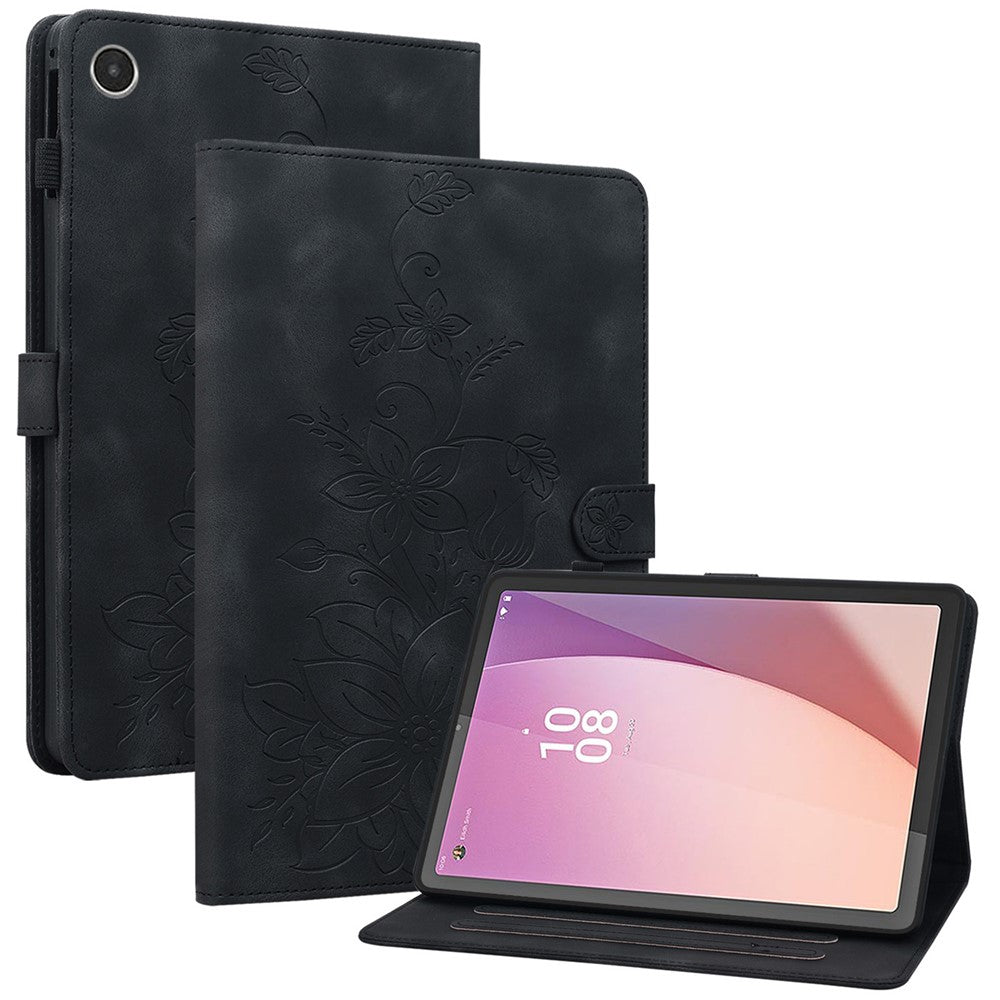 For Lenovo Tab M8 (4th Gen) 2024 TB-301XU / M8 (4th Gen) 2023 TB-300FU Case Card Slots Lily Flower Imprinted Leather Tablet Cover - Black