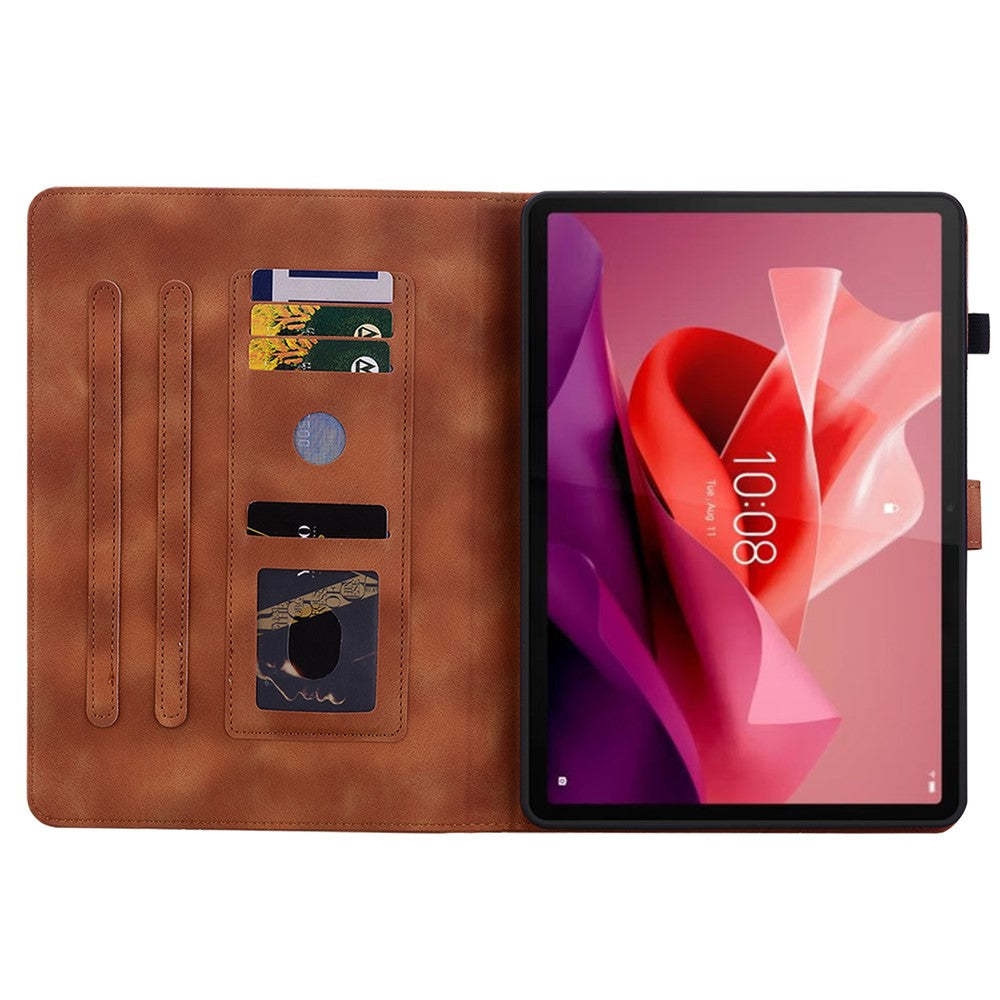 For Lenovo Tab P12 Case Lily Flower Leather Tablet Cover with Card Slots Stand - Brown