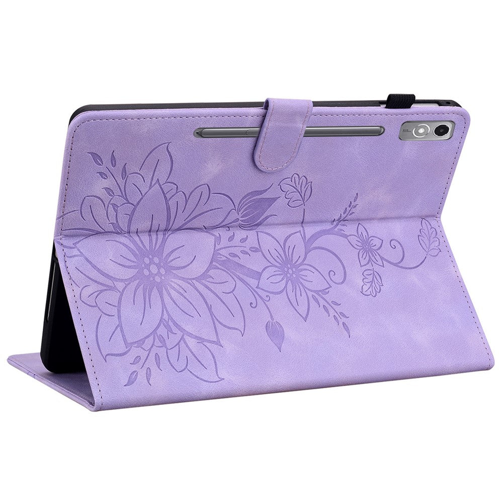 For Lenovo Tab P12 Case Lily Flower Leather Tablet Cover with Card Slots Stand - Purple