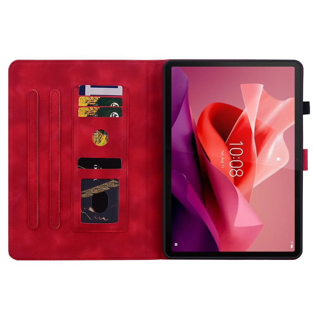 For Lenovo Tab P12 Case Lily Flower Leather Tablet Cover with Card Slots Stand - Red