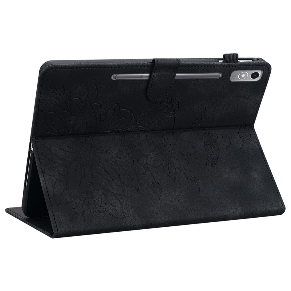 For Lenovo Tab P12 Case Lily Flower Leather Tablet Cover with Card Slots Stand - Black