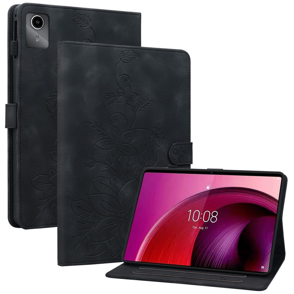 For Lenovo Tab M11 / Xiaoxin Pad 11 2024 Case Card Slots Leather Tablet Cover Lily Flower - Black