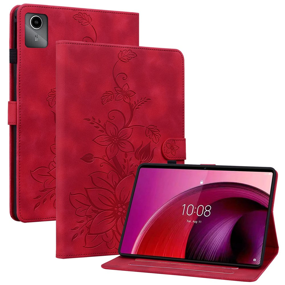 For Lenovo Tab M11 / Xiaoxin Pad 11 2024 Case Card Slots Leather Tablet Cover Lily Flower - Red