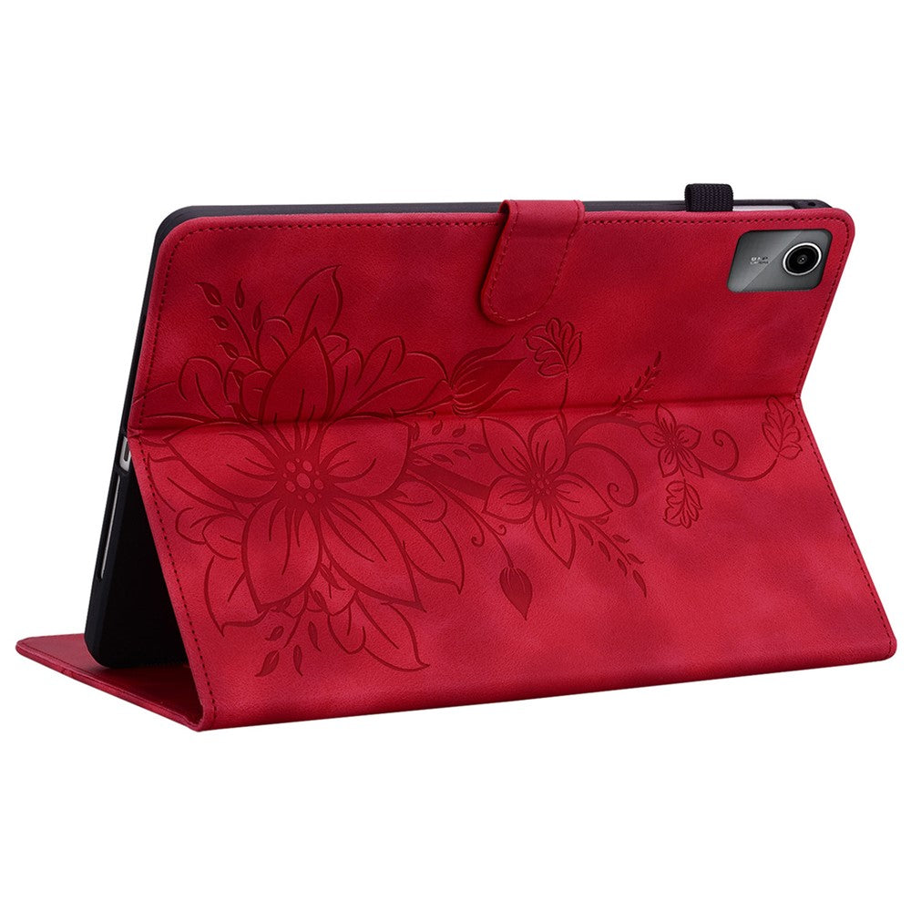 For Lenovo Tab M11 / Xiaoxin Pad 11 2024 Case Card Slots Leather Tablet Cover Lily Flower - Red