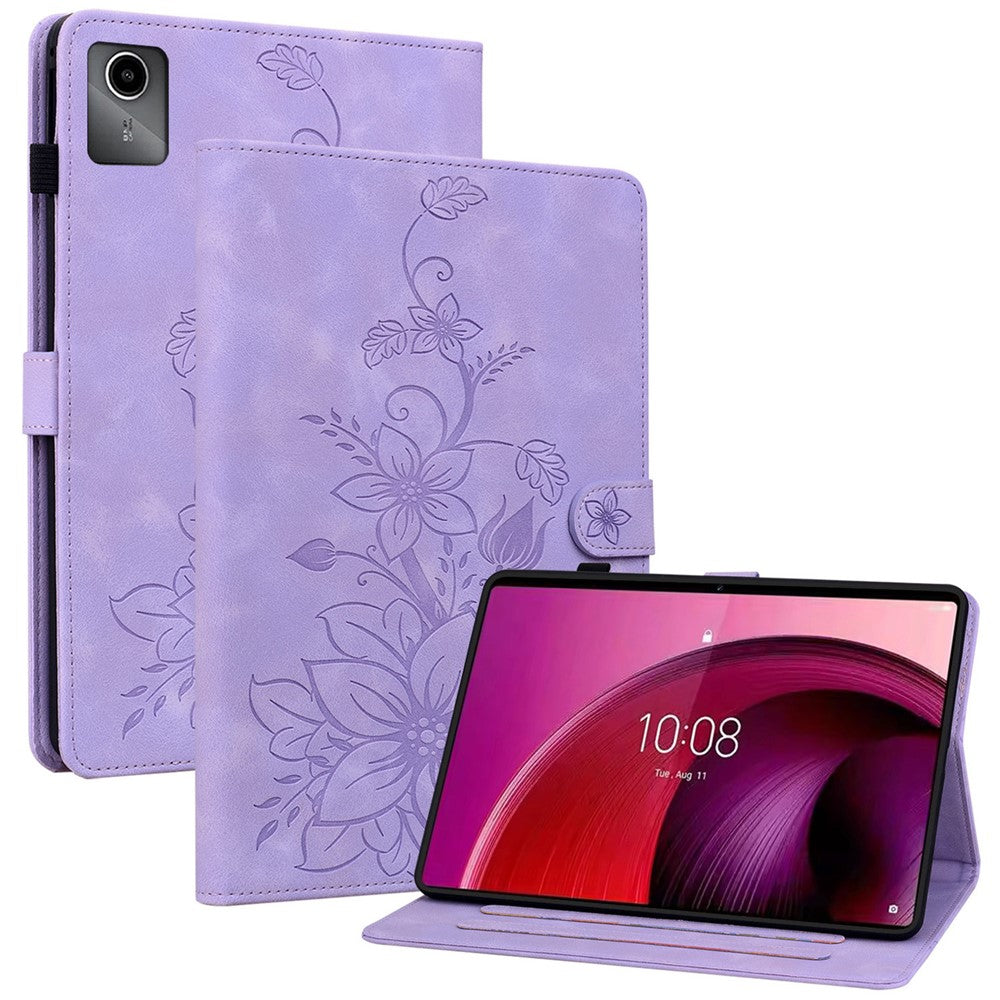 For Lenovo Tab M11 / Xiaoxin Pad 11 2024 Case Card Slots Leather Tablet Cover Lily Flower - Purple