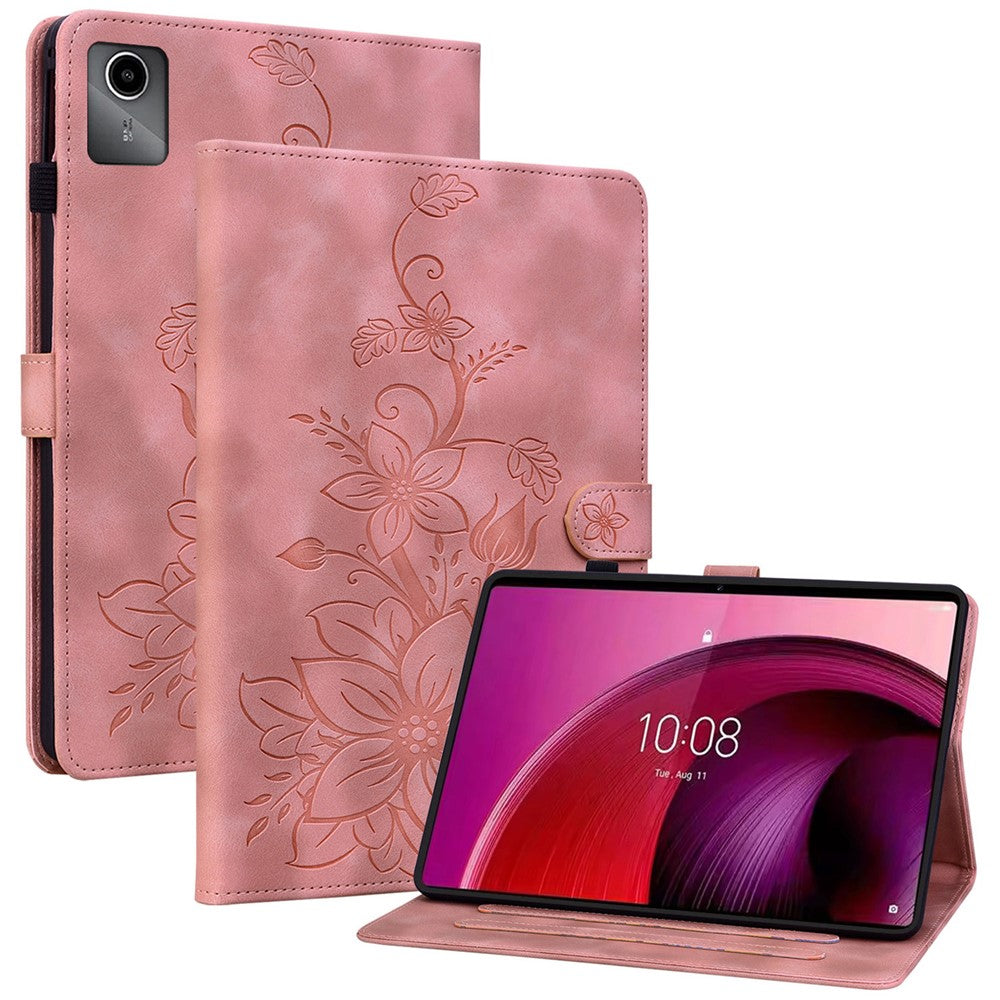 For Lenovo Tab M11 / Xiaoxin Pad 11 2024 Case Card Slots Leather Tablet Cover Lily Flower - Pink