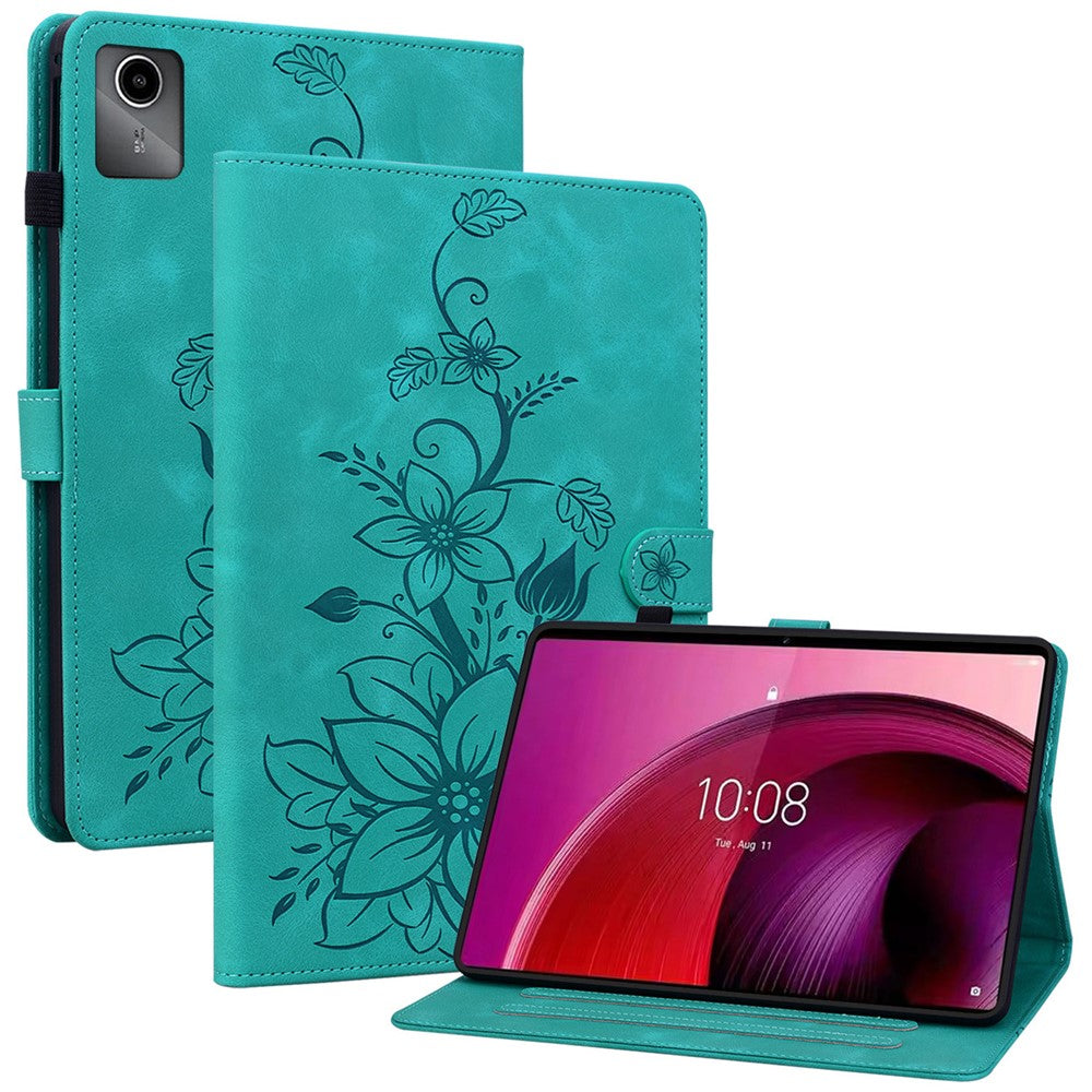 For Lenovo Tab M11 / Xiaoxin Pad 11 2024 Case Card Slots Leather Tablet Cover Lily Flower - Green