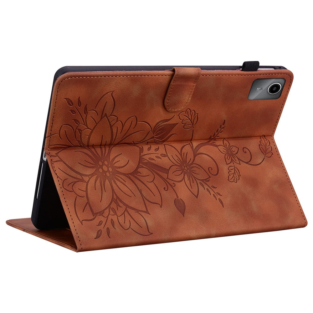 For Lenovo Tab M11 / Xiaoxin Pad 11 2024 Case Card Slots Leather Tablet Cover Lily Flower - Brown