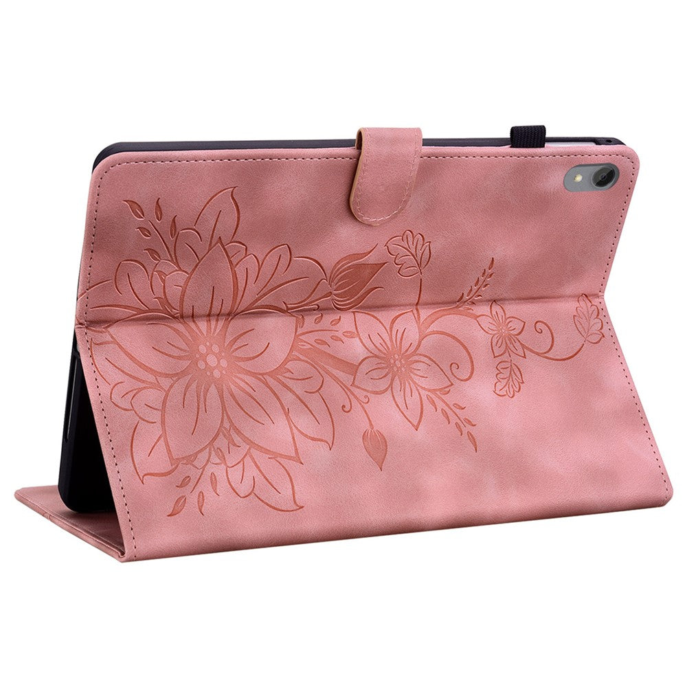 For Lenovo Tab P11 TB-J606F Leather Case Card Slots Lily Flower Pattern Tablet Cover - Pink